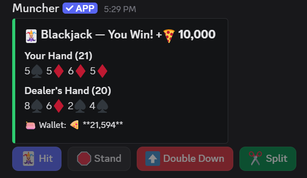 Economy & casino — a blackjack win in chat
